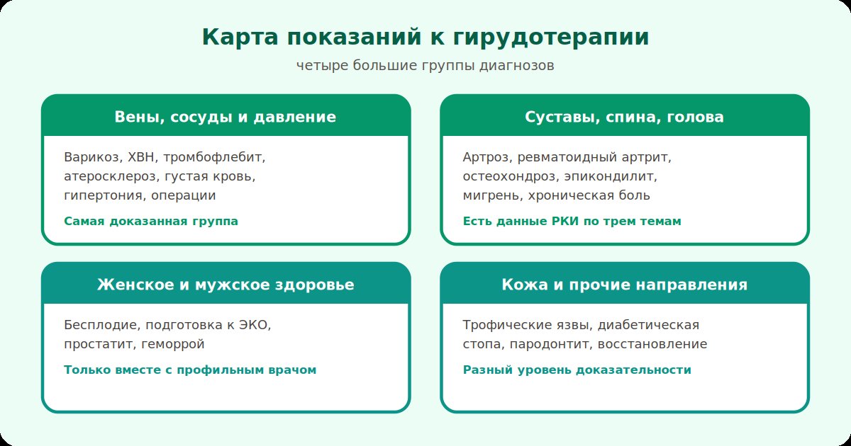 Карта показаний к гирудотерапии по группам: вены, суставы, давление, женское и мужское здоровье