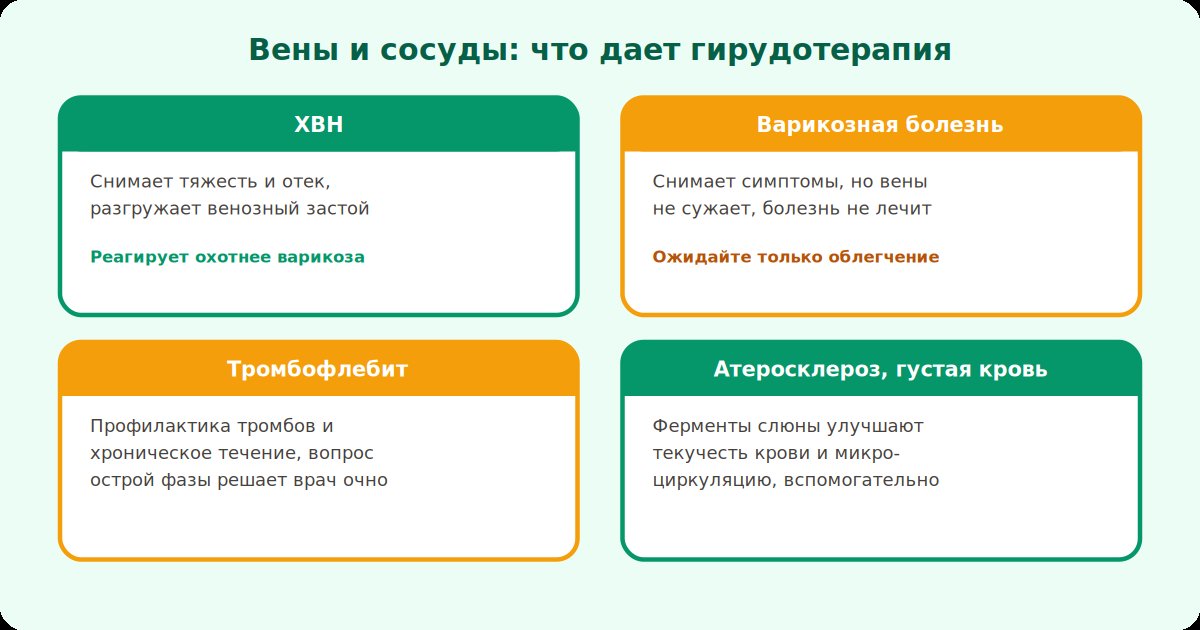 Зоны постановки пиявок при венозных проблемах: варикоз, тромбофлебит, хроническая венозная недостаточность