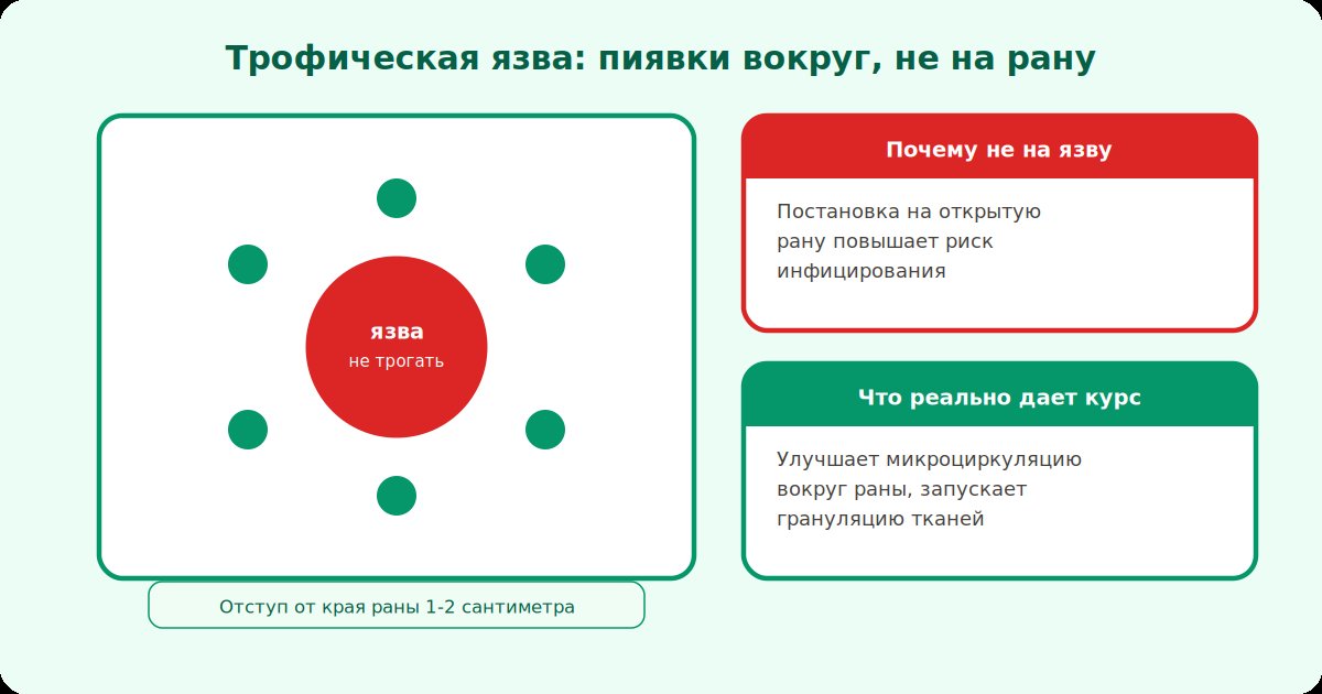 Трофические язвы: пиявки ставят вокруг раны, отступая от края, никогда на саму язву
