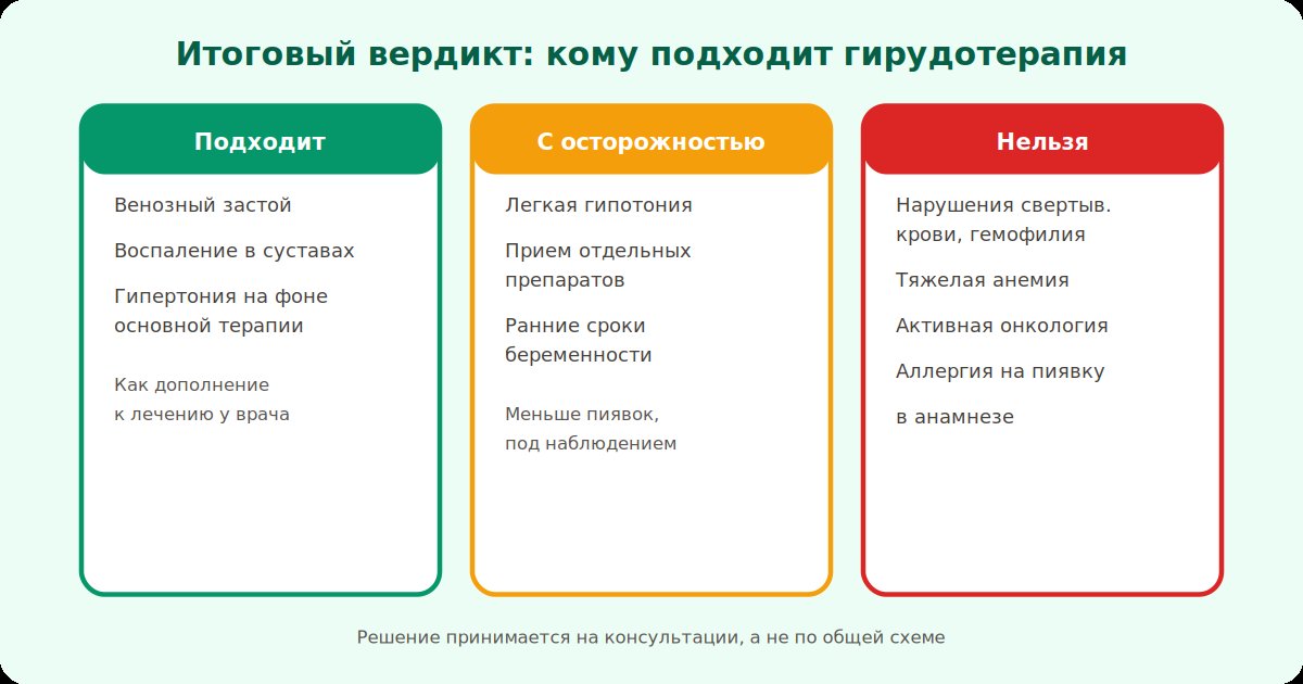 Итоговый вердикт: кому гирудотерапия подходит, кому с осторожностью, а кому нельзя