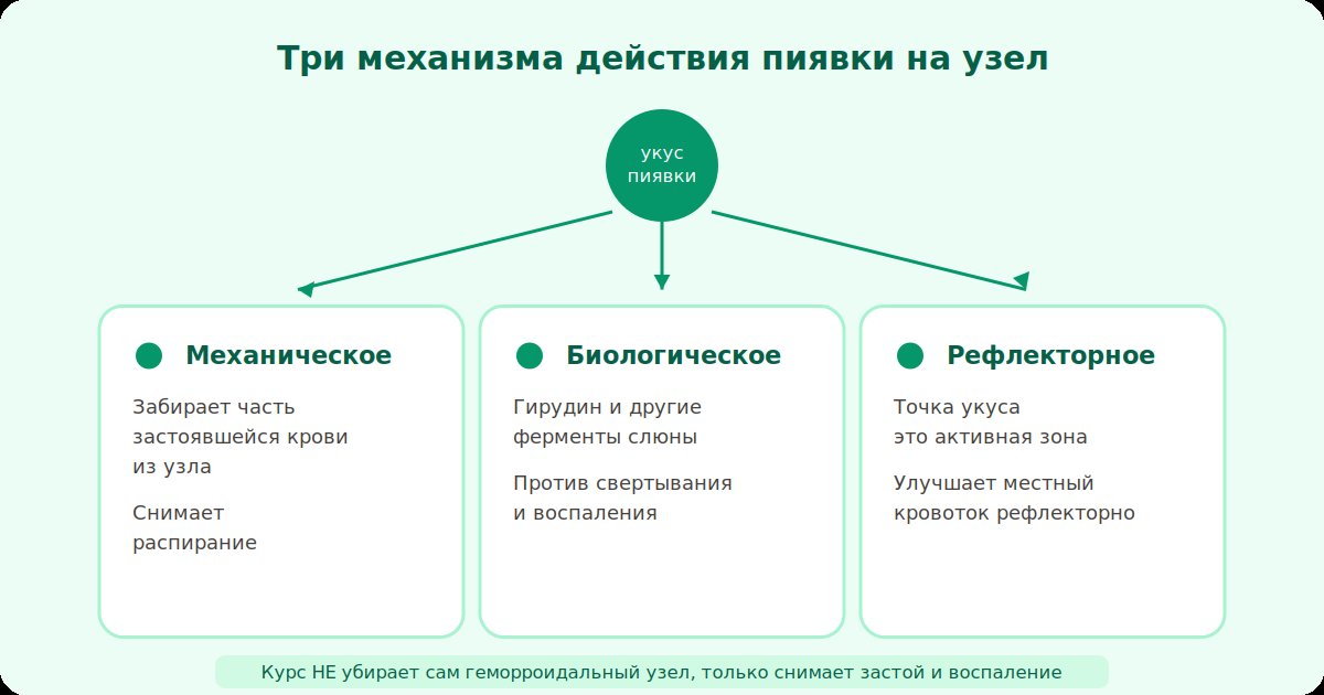 Схема трех механизмов действия пиявки на геморроидальный узел: механическое кровоизвлечение, биологическое действие гирудина, рефлекторное воздействие точки укуса